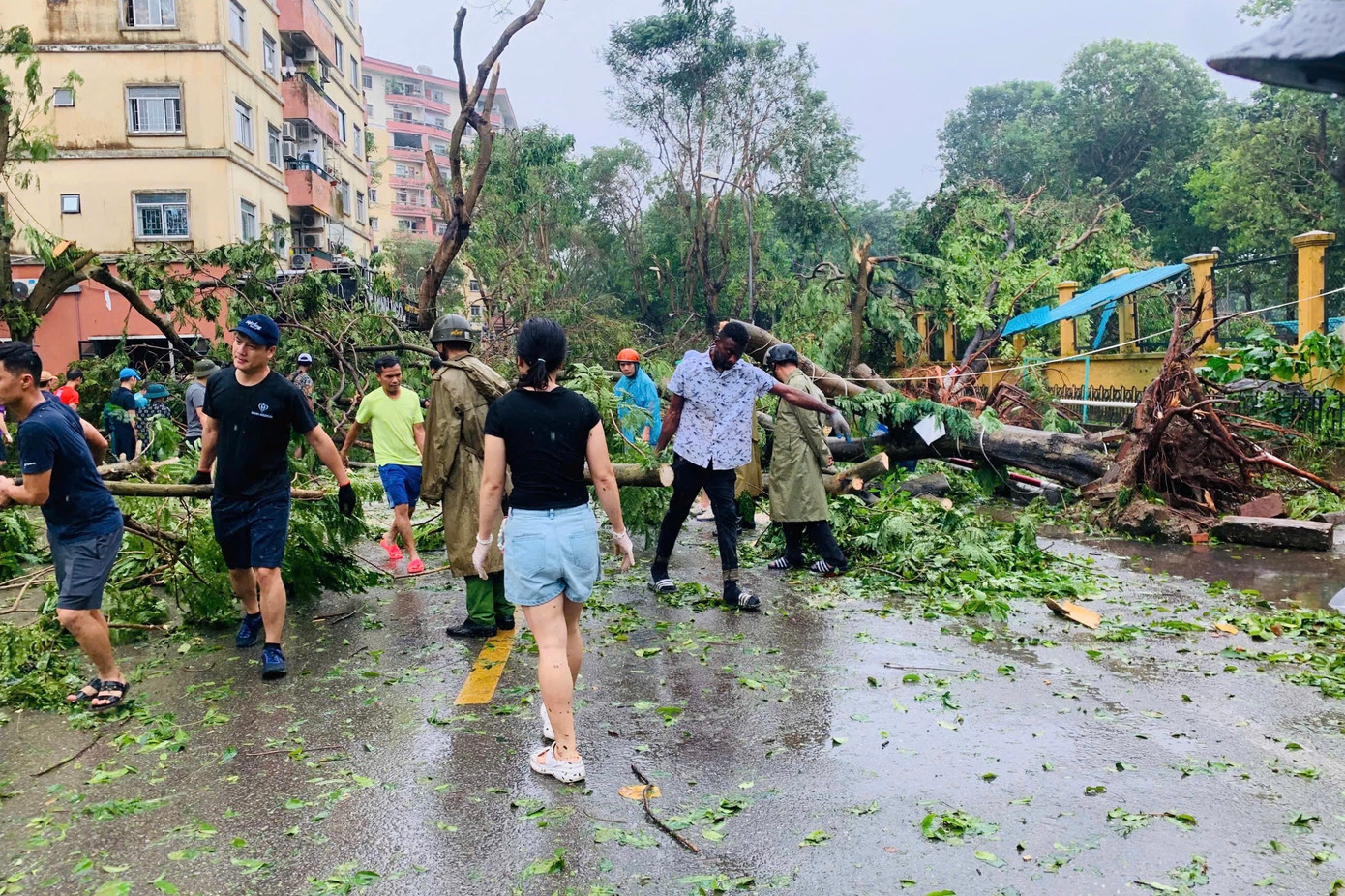 Người dân cùng lực lượng chức năng căng sức cưa cây đổ gục trên đường, vận chuyển để lưu thông các tuyến phố.