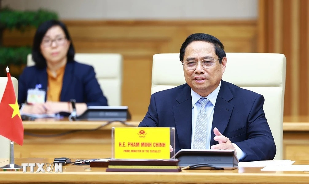 Thủ tướng Phạm Minh Chính tại buổi hội kiến với Tổng thống Cộng hòa Guinea-Bissau Umaro Sissoco Embaló. (Ảnh: Dương Giang/TTXVN)