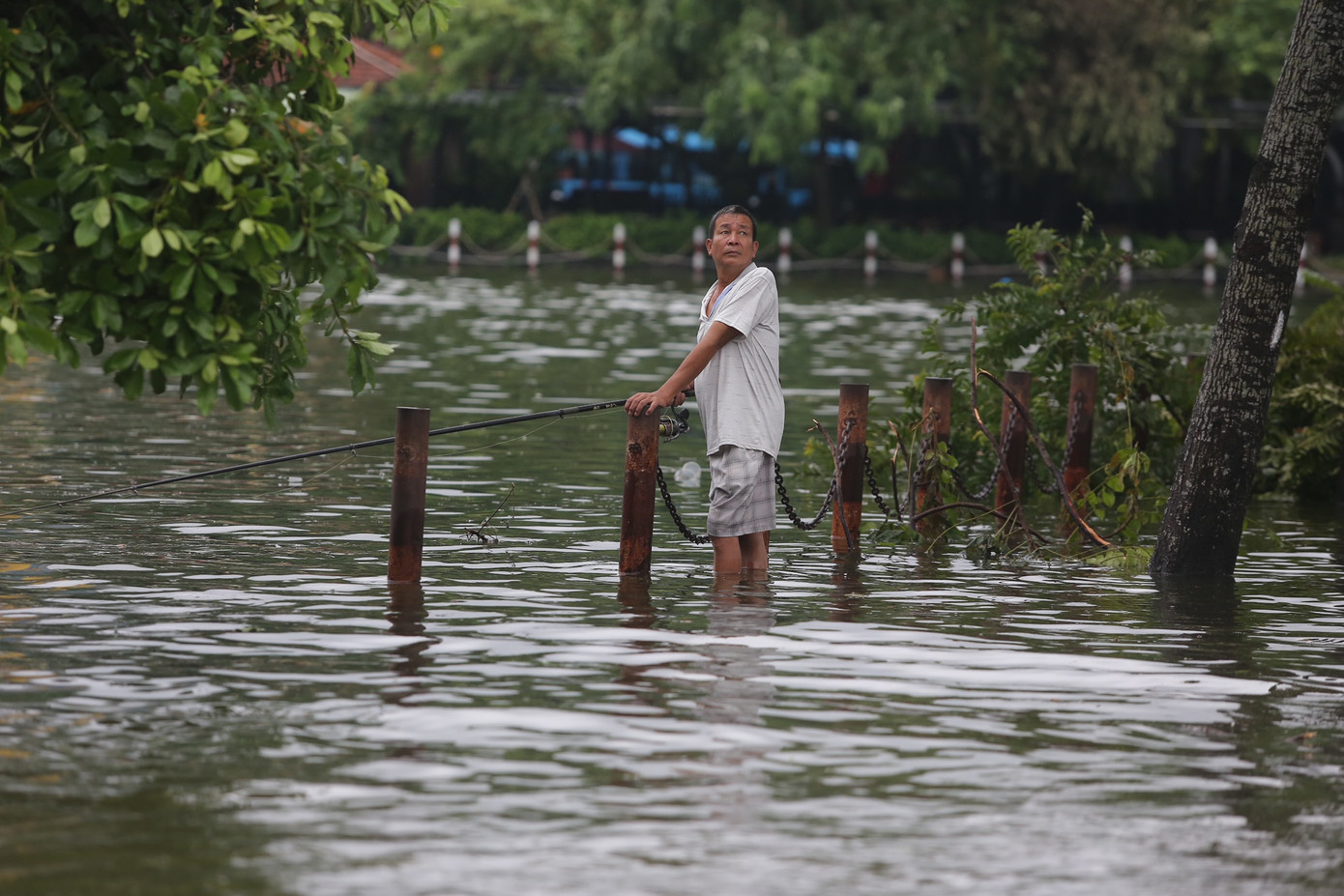 Mặt hồ với mặt đường bằng nhau, người dân phân biệt đường với hồ bởi những chiếc cọc cắm quanh hai hồ.