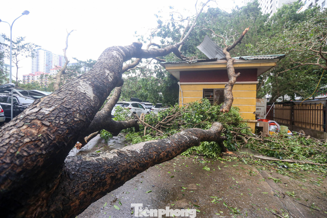 Một bãi đỗ xe trong khu đô thị Linh Đàm bị đổ sập.