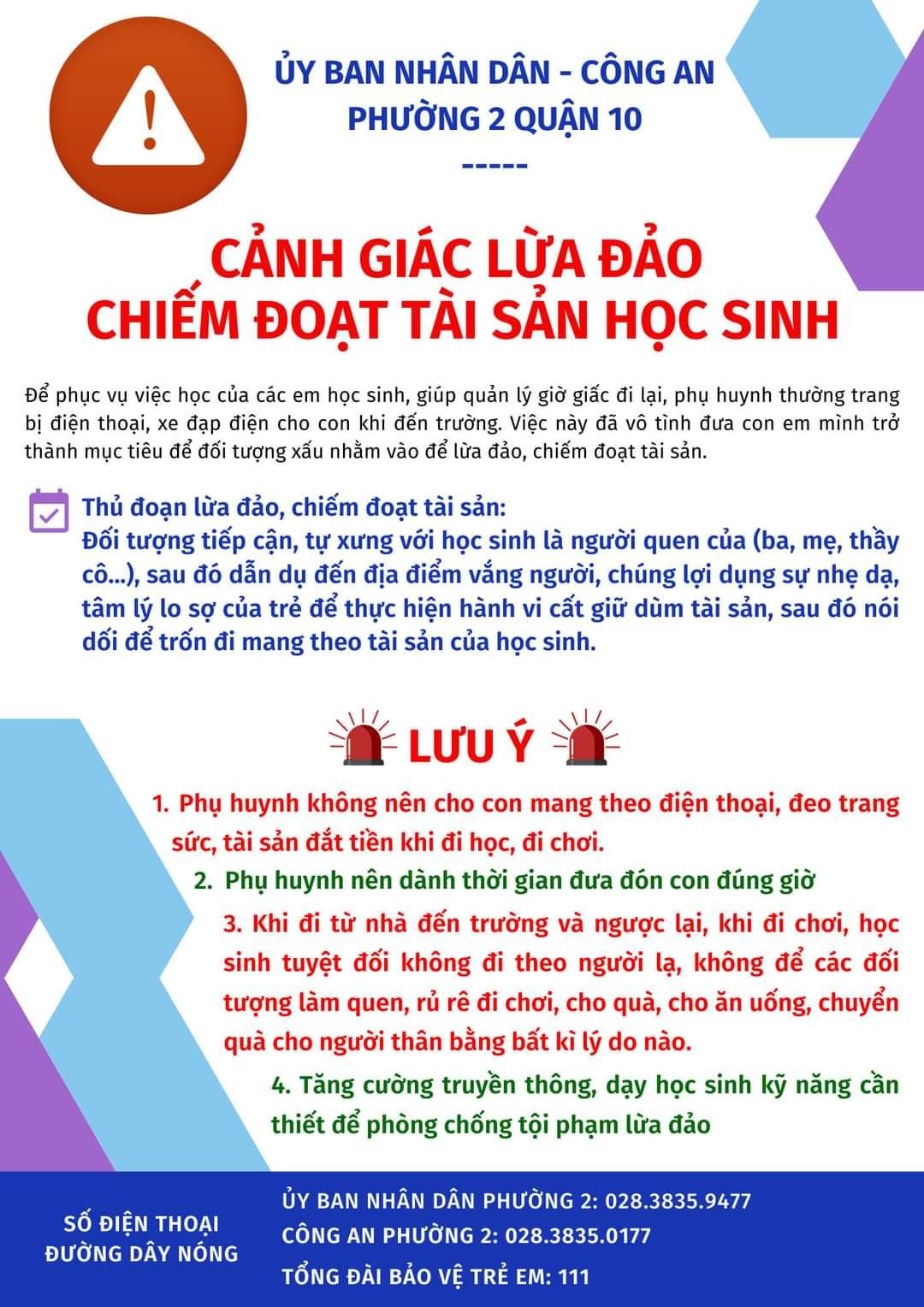 Thông tin cảnh giác về tội phạm lừa đảo chiếm đoạt tài sản học sinh được UBND Phường 2, Quận 10 chia sẻ.