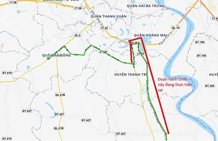 Hành trình xe khách Mỹ Anh mang BKS 18G-000.60 thực hiện sai. (Đoạn hành trình thực hiện sai được đánh dấu màu đỏ). Ảnh: Sở Giao thông Vận tải tỉnh Nam Định cung cấp.