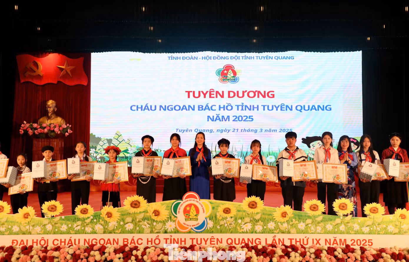 Lãnh đạo Tỉnh Đoàn Tuyên Quang trao Bằng khen của Chủ tịch UBND tỉnh cho các cháu học sinh.