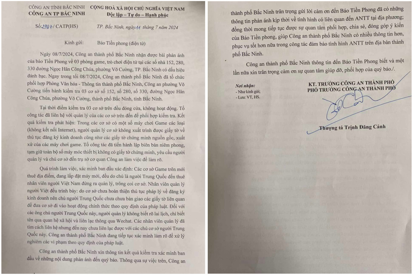 Văn bản công an thành phố Bắc Ninh gửi báo Tiền Phong Văn bản công an thành phố Bắc Ninh gửi báo Tiền Phong