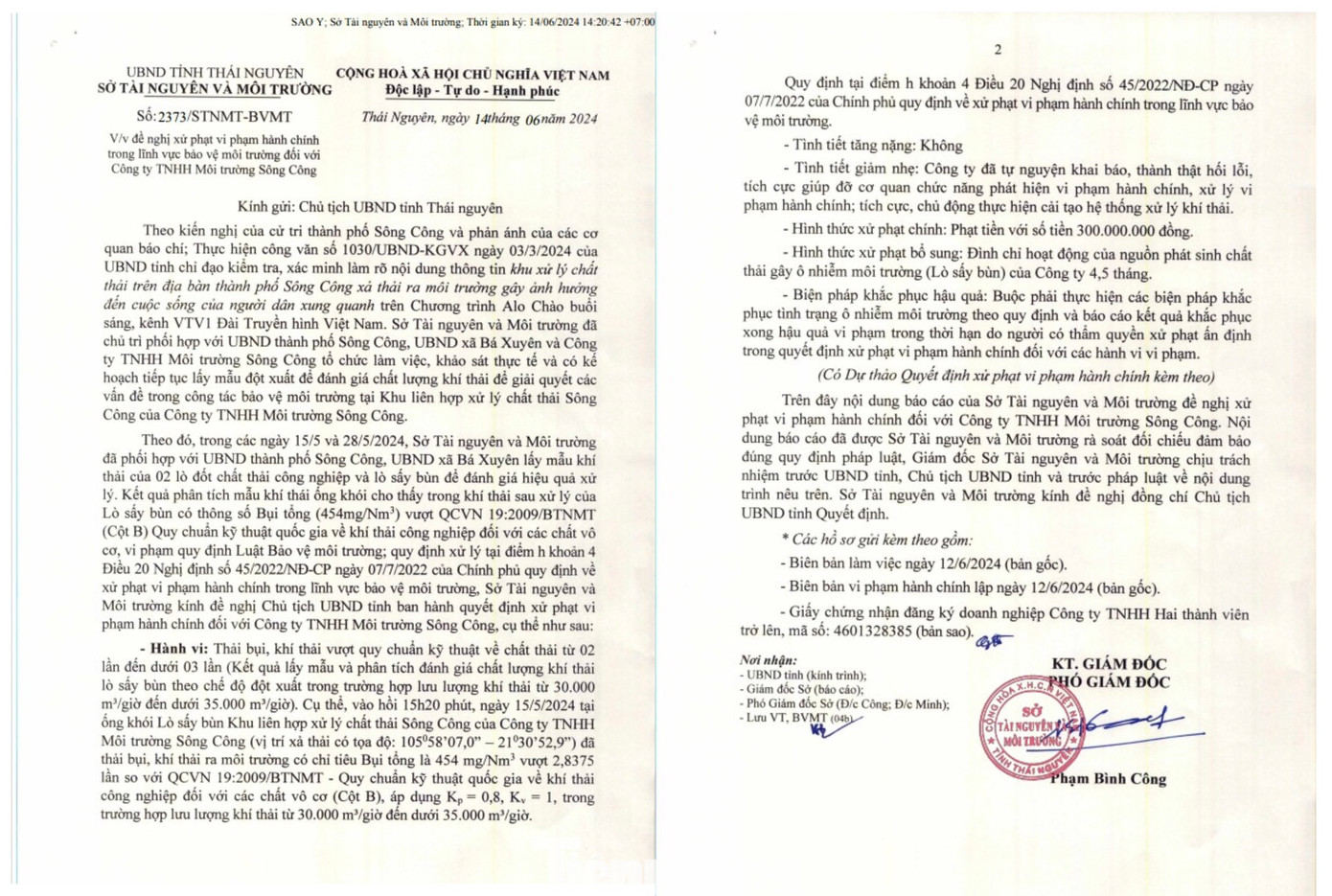 Văn bản thông tin kết quả đánh giá chất lượng khí thải và đề nghị xử lý vi phạm hành chính trong lĩnh vực bảo vệ môi trường đối với Công ty TNHH Môi trường Sông Công. Văn bản thông tin kết quả đánh giá chất lượng khí thải và đề nghị xử lý vi phạm hành chính trong lĩnh vực bảo vệ môi trường đối với Công ty TNHH Môi trường Sông Công.