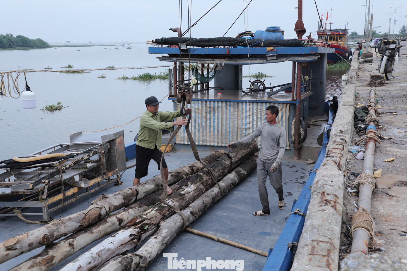 UBND huyện Tiền Hải bố trí đóng cọc che chắn, làm thêm trụ neo đuôi cho tàu cá.