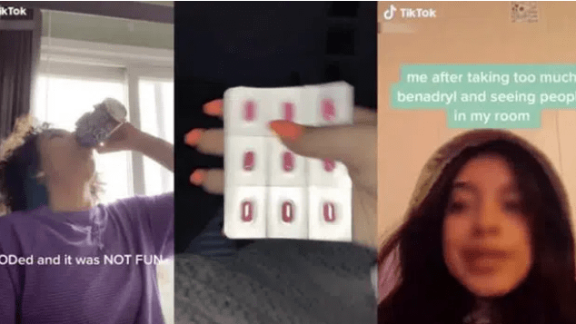Các video "bắt trend" Benadryl Challenge (thử thách uống thuốc dị ứng) để gây ảo giác trên TikTok. Các video "bắt trend" Benadryl Challenge (thử thách uống thuốc dị ứng) để gây ảo giác trên TikTok.