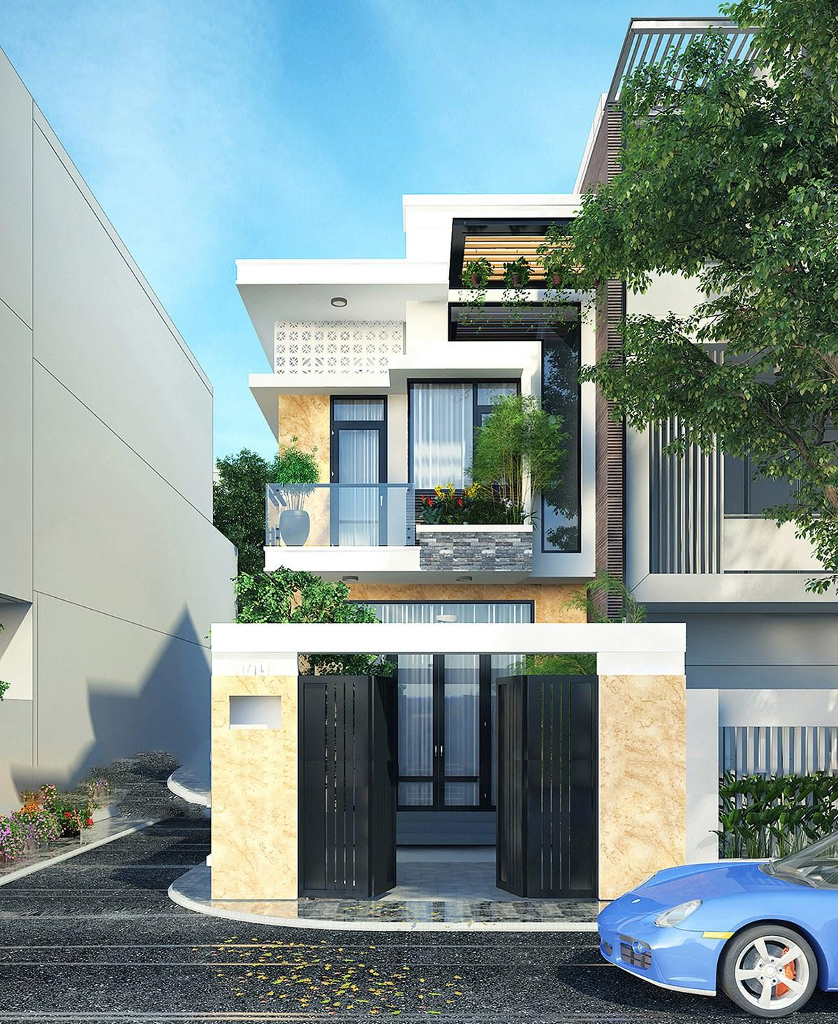 Mẫu nhà ống 2 tầng 5x18m có hình khối khá lạ mắt so với những mẫu nhà ống hiện đại khác. Điểm khác biệt nằm ở mặt tiền tầng 2 với các mảng khối khỏe khoắn và độc đáo, nổi bật trên diện tích tường được ốp gạch trang trí. Phần lan can dùng kính cường lực, vừa đảm bảo an toàn cho người sử dụng vừa giúp cho không gian mở rộng hơn.