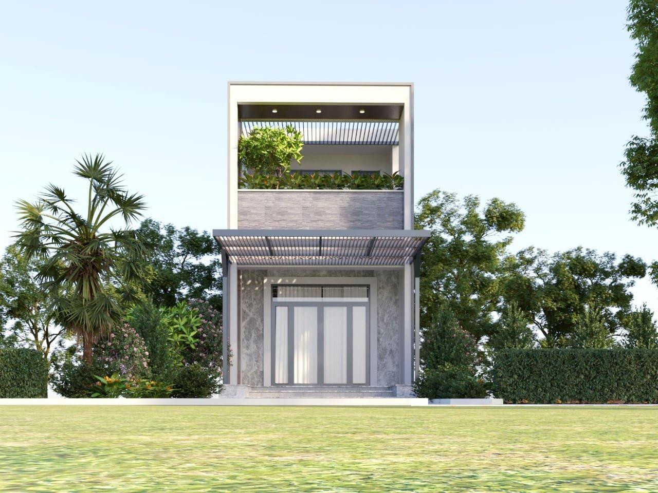 Ngoại thất của mẫu nhà ống 2 tầng 3 phòng ngủ trong hình ưu tiên sử dụng những gam màu sáng như xám và trắng để tạo hiệu ứng thị giác, giúp ngôi nhà trông rộng rãi hơn so với diện tích thực tế. Trong khi đó, nhờ hệ thống cửa kính cường lực khung nhôm trắng mà ngôi nhà mang vẻ đẹp khá mới mẻ.