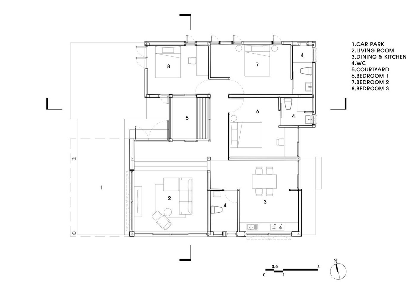 Theo yêu cầu của gia chủ, các không gian sống được bố trí đơn giản theo nhu cầu bao gồm gara, phòng khách, bếp, 3 phòng ngủ và 3 phòng vệ sinh.
