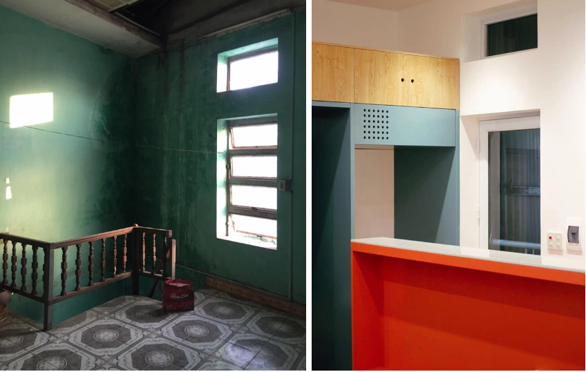 Vị trí có cầu thang phía trong nhà trước đây được phá bỏ và cải tạo thành phòng bếp có tông chủ đạo màu xanh - đỏ theo sở thích của gia chủ.