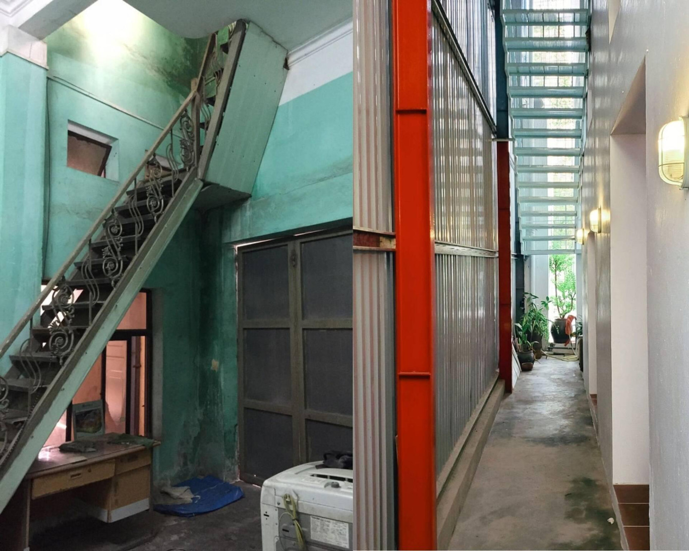 Cầu thang được chuyển vị trí sang phần hông bên ngoài nhà để mở rộng diện tích trong nhà cũng như đảm bảo an toàn khi sinh hoạt, tận dụng được ánh sáng tự nhiên.