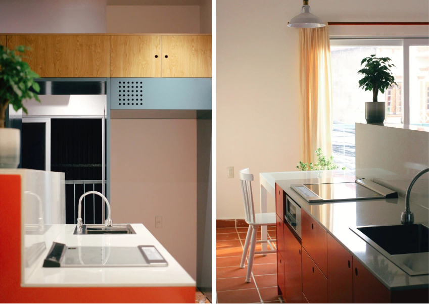 Tầng 2 có sự kết hợp hoàn hảo của những gam màu chủ đạo như đỏ, xanh và nâu đem đến sự hiện đại, phá cách nhưng vẫn đảm bảo tính nhất quán trong tổng thể màu sắc chung của ngôi nhà.