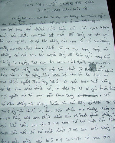 Lá thư tuyệt mệnh của Minh Phương. Ảnh: Duy Khang