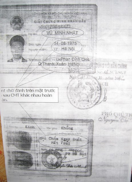 Chứng minh thư giả mạo mà kẻ gian dùng để chiếm đoạt sim của anh Vũ Minh Nhật. Ảnh: Lê Hoàng