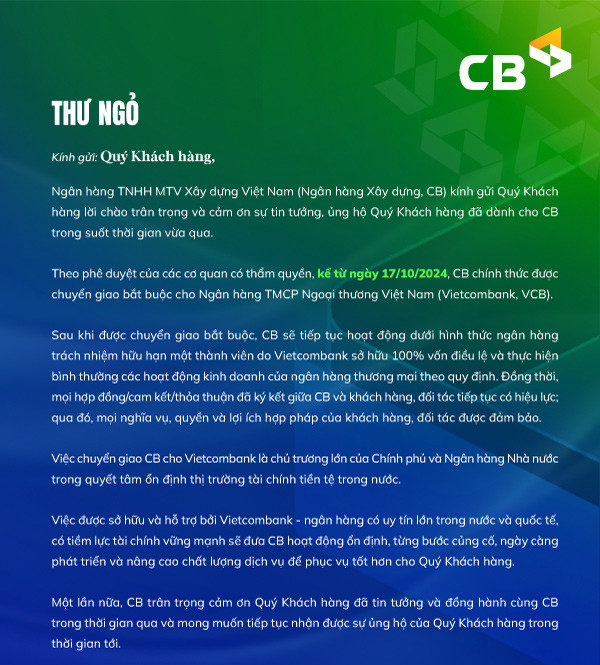 Thư ngỏ lãnh đạo CB sau khi chuyển giao cho Vietcombank. Thư ngỏ lãnh đạo CB sau khi chuyển giao cho Vietcombank.