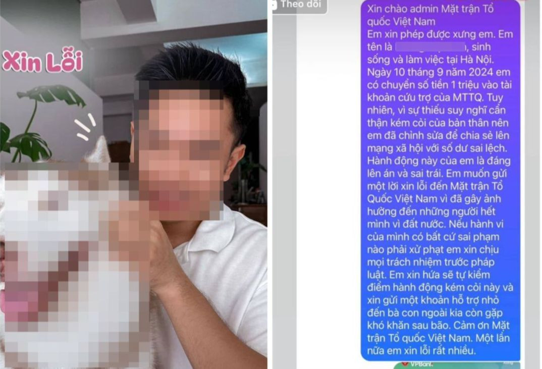 Thừa nhận về hành động của mình, nam thanh niên này đã đăng video xin lỗi trên TikTok và gửi tin nhắn tới fanpage Mặt trận Tổ quốc Việt Nam.