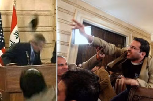 Tổng thống Bush bị ném giày ở Iraq: Một vụ việc hy hữu xảy ra khi ông Bush có chuyến thăm tới Iraq và họp báo cùng với Thủ tướng Nouri al-Maliki hồi tháng 10/2008. Trong lúc ông đang say sưa ca ngợi những tiến bộ đạt được trong cuộc chiến tại Iraq, một phóng viên phía dưới đã liên tiếp ném 2 chiếc giày vào tổng thống. Vị tổng thống phải cúi đầu để tránh giày bay qua đầu. Sau vụ việc, Mật vụ cũng bị chỉ trích vì không hoàn thành nhiệm vụ bảo vệ ông Bush