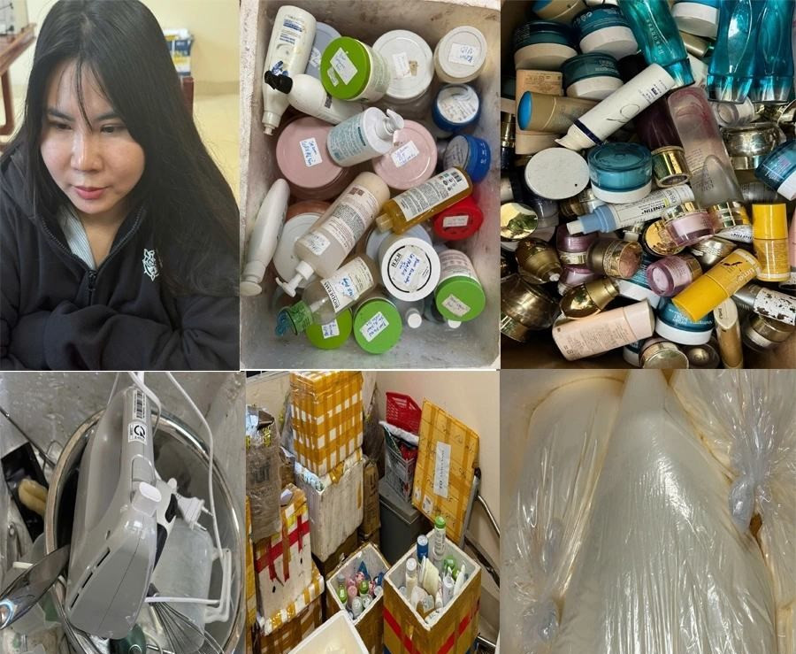 Đối tượng Nguyễn Thị Dung chuyên sản xuất mĩ phẩm giả và số tang vật bị công an thu giữ. Đối tượng Nguyễn Thị Dung chuyên sản xuất mĩ phẩm giả và số tang vật bị công an thu giữ.