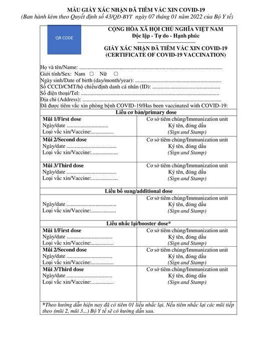 Mẫu giấy xác nhận đã tiêm vắc xin phòng COVID-19 gồm 7 mũi tiêm vừa được Bộ Y tế ban hành