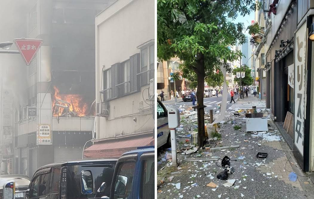 Vụ nổ khiến nhiều mảnh vỡ văng xuống đường. Ảnh: Japan Times