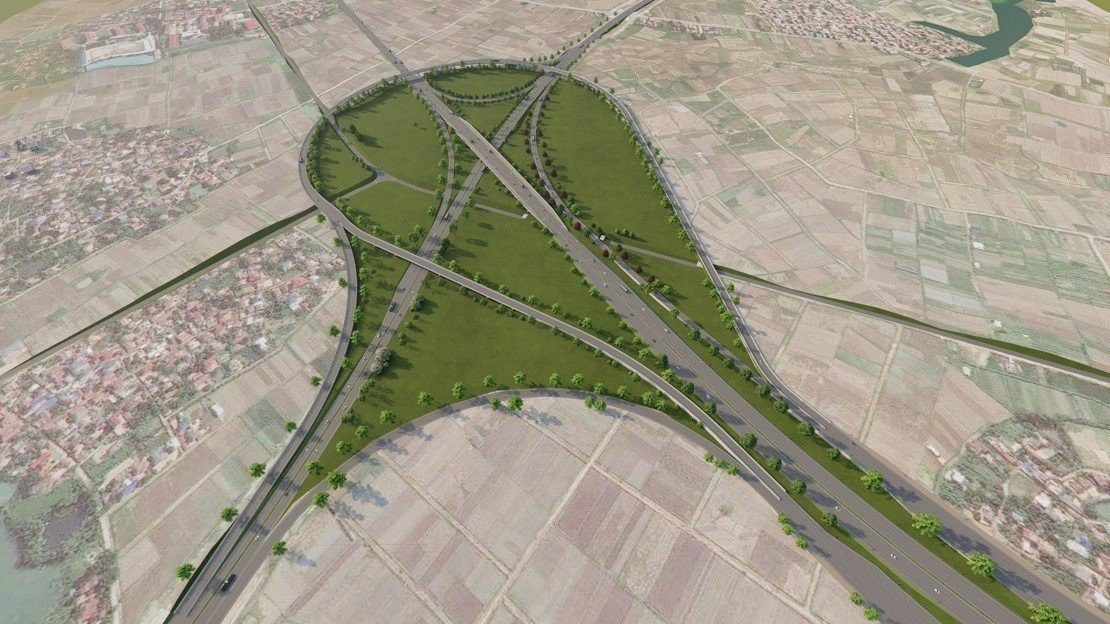 Phối cảnh cầu vượt thuộc nút giao cao tốc Nội Bài - Lào Cai. Đây là điểm đầu của tuyến Vành đai 4, thuộc xã Thanh Xuân (huyện Sóc Sơn, Hà Nội). Điểm cuối tuyến đường Vành đai 4 - Vùng Thủ đô nằm trên cao tốc Nội Bài - Hạ Long (địa phận huyện Quế Võ, Bắc Ninh).