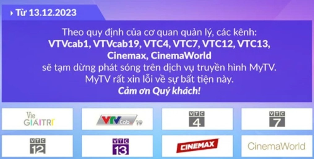Thông báo dừng phát sóng các kênh truyền hình trên MyTV. Ảnh chụp màn hình.