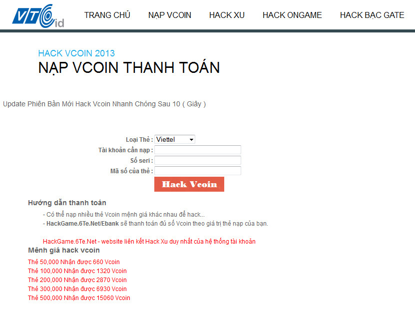 Trang web hack tiền làm giả nhà cung cấp VTC