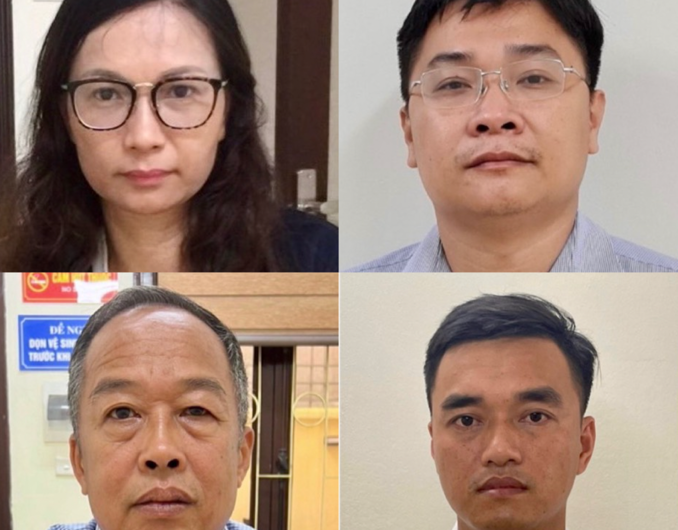 Các bị can (từ trên xuống dưới, từ trái sang): Nguyễn Mai Anh, Ngô Quang Tuấn, Trần Văn Dự, Vũ Sỹ Cường.