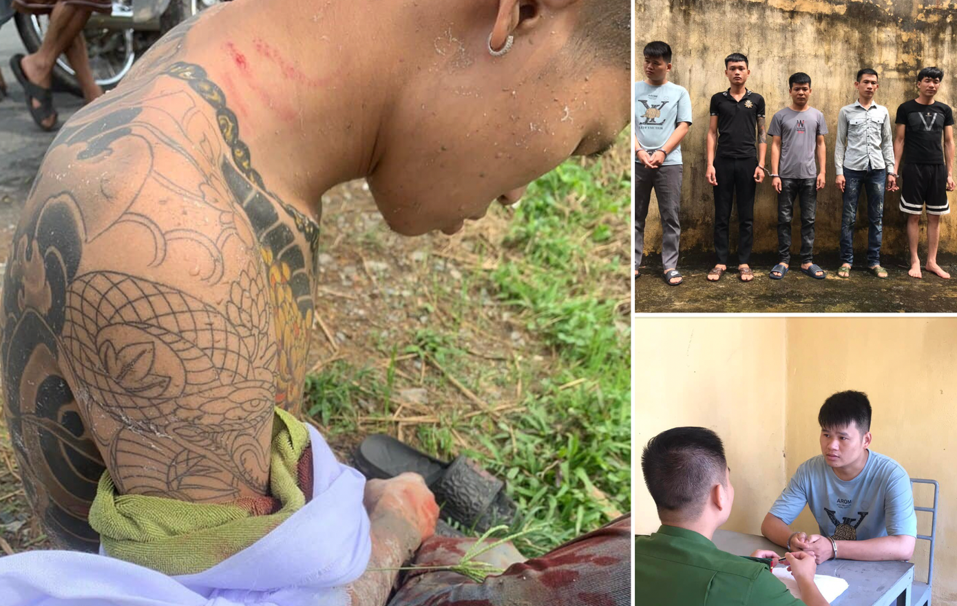 Nạn nhân (trái) và các đối tượng tại cơ quan công an.