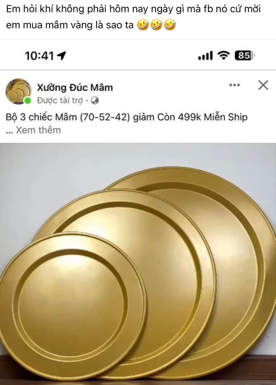 Chị em kháo nhau sắm "mâm vàng" để dâng lễ Thần tài, giá 499.000 đồng được hẳn 3 mâm (FB: M.Linh).