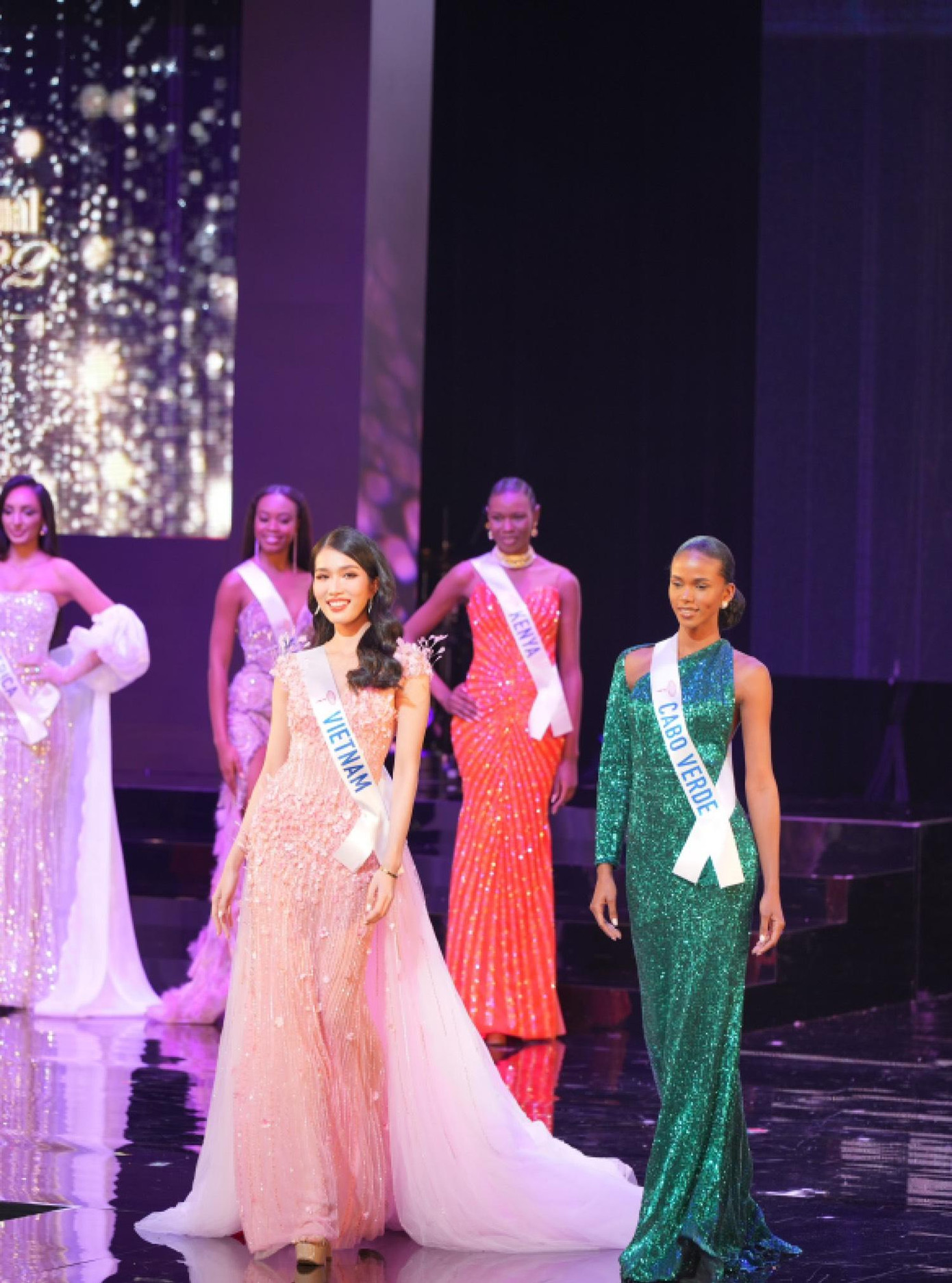 Đêm chung kết Hoa hậu Quốc tế 2022 khiến nhiều khán giả hụt hẫng khi Á hậu Phương Anh không được gọi tên vào top 15. Trong đêm thi, cô trình diễn thiết kế váy dạ hội tông màu hồng ngọt ngào, kết hợp phần tà bằng vải voan lộng lẫy. Điểm nhấn của thiết kế là những cánh hoa anh đào được đính kết tỉ mỉ dọc thân váy.