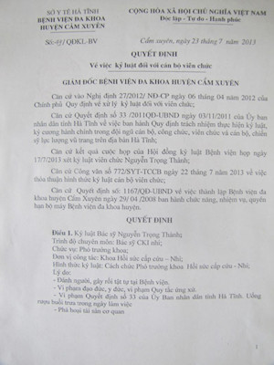 Quyết định kỷ luật ông Nguyễn Trọng Thành