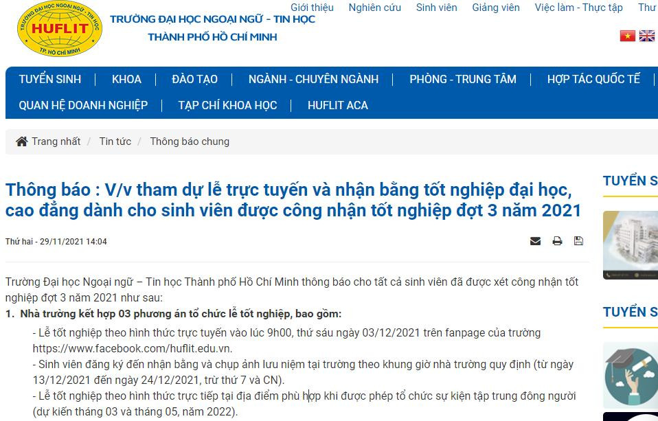 Thống báo của trường ĐH Ngoại ngữ Tin học TP. HCM về lễ tốt nghiệp đợt 3.