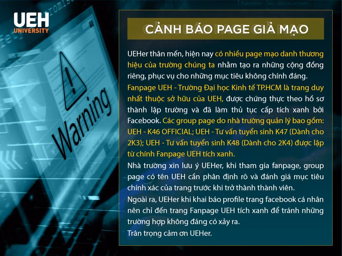 Trường ĐH Kinh tế TP. HCM lưu ý sinh viên khi tham gia các trang có tên UEH.