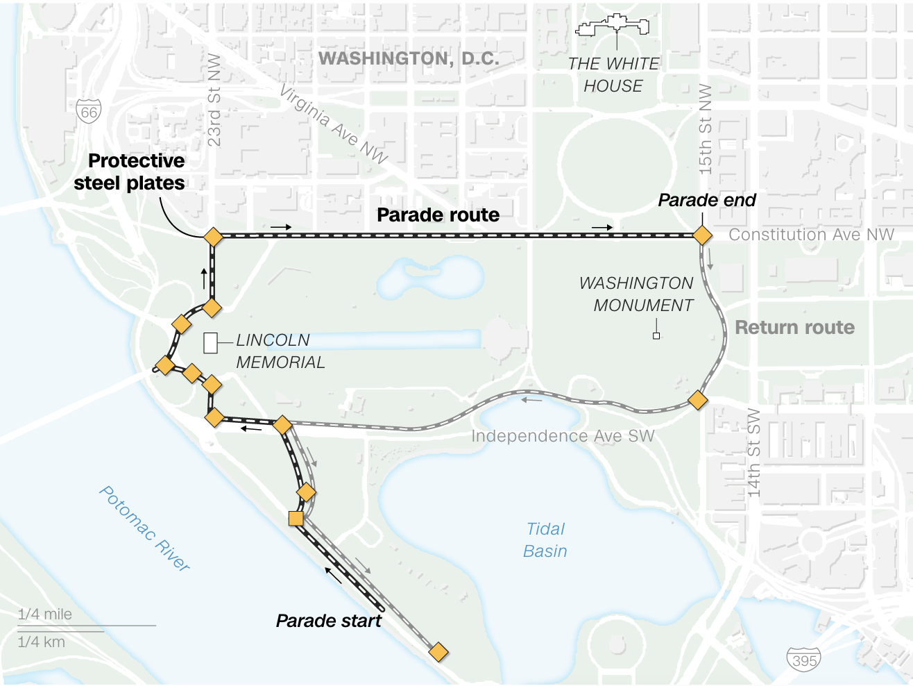 Lộ trình duyệt binh. (Ảnh: CNN) Lộ trình duyệt binh. (Ảnh: CNN)