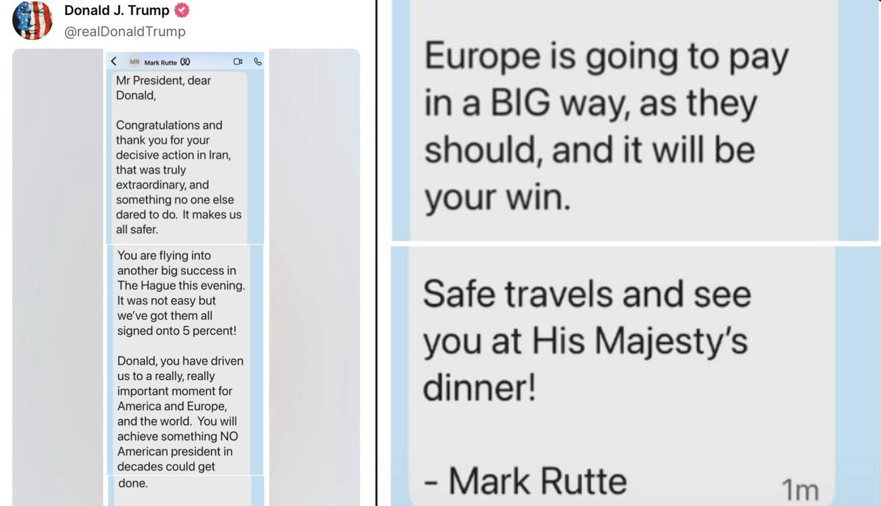 Đoạn tin nhắn riêng của ông Mark Rutte gửi Tổng thống Trump. (Ảnh: RT)
