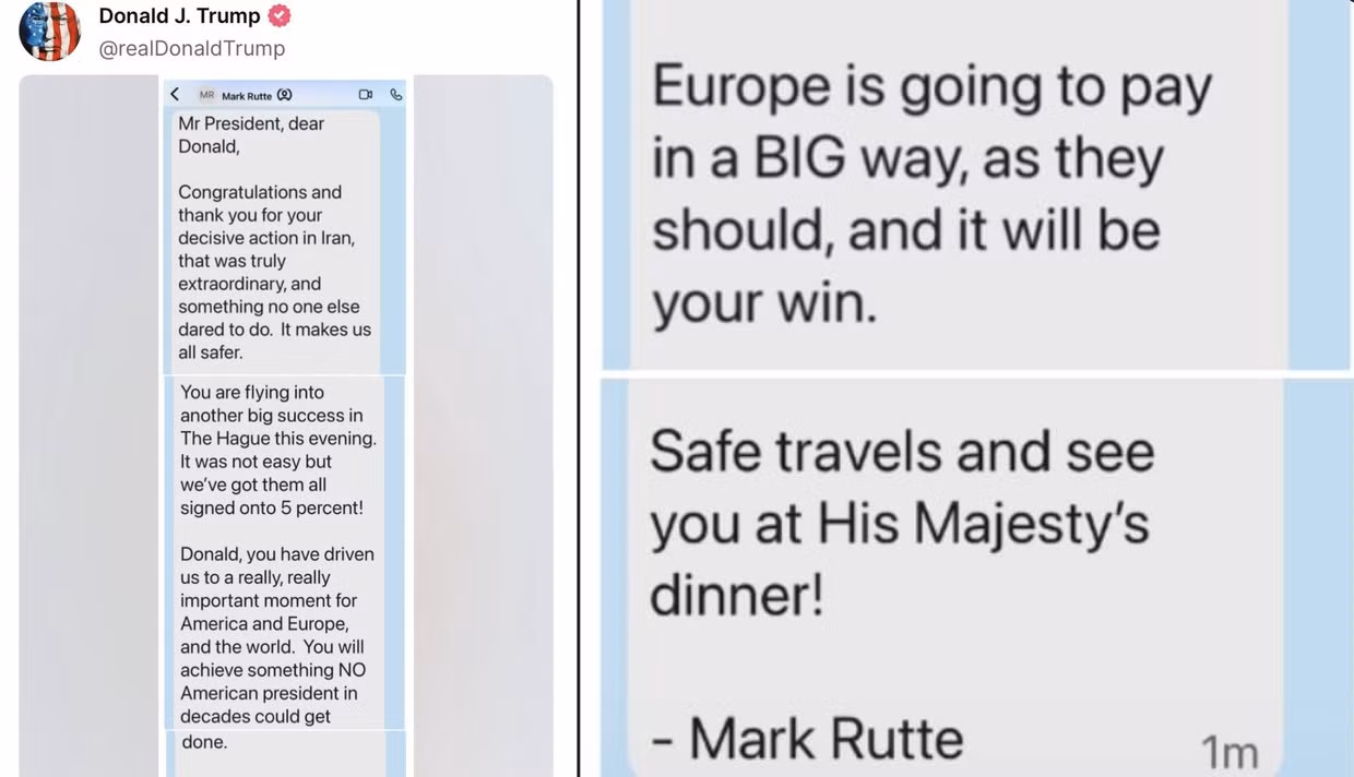 Đoạn tin nhắn riêng của ông Mark Rutte gửi Tổng thống Trump. (Ảnh: RT) Đoạn tin nhắn riêng của ông Mark Rutte gửi Tổng thống Trump. (Ảnh: RT)