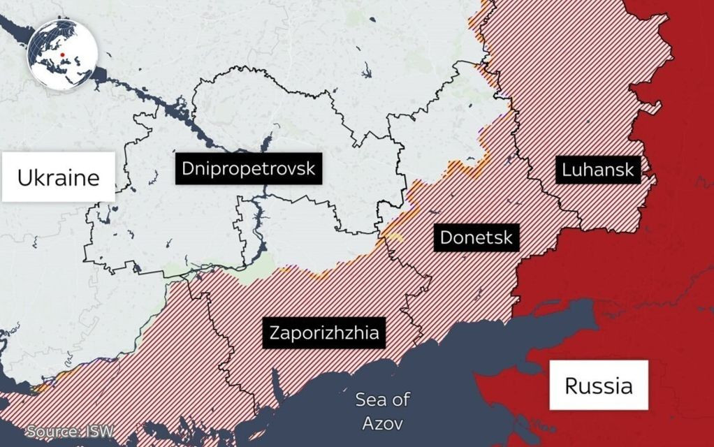 Tỉnh Dnipropetrovsk giáp hai tỉnh Nga tuyên bố sáp nhập nhưng Ukraine không công nhận là Donetsk và Zaporizhzhia. (Bản đồ: Sky News) Tỉnh Dnipropetrovsk giáp hai tỉnh Nga tuyên bố sáp nhập nhưng Ukraine không công nhận là Donetsk và Zaporizhzhia. (Bản đồ: Sky News)