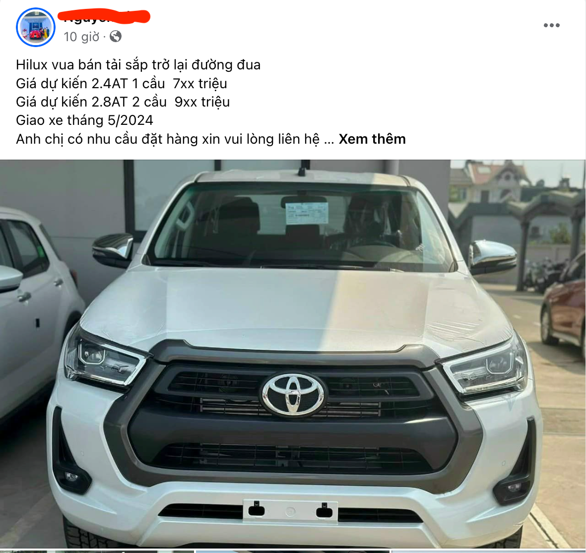 Thông tin nhận đặt hàng Toyota Hilux 2024 do một nhân viên kinh doanh chia sẻ.