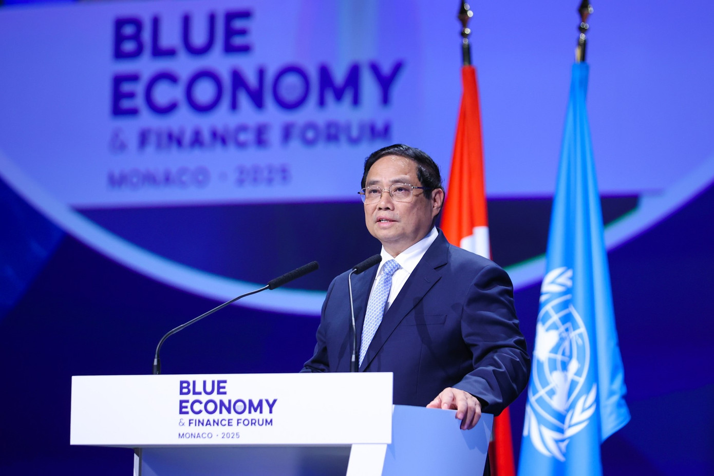 Thủ tướng Phạm Minh Chính phát biểu tại Diễn đàn Kinh tế và tài chính xanh tại Monaco. Ảnh: VGP Thủ tướng Phạm Minh Chính phát biểu tại Diễn đàn Kinh tế và tài chính xanh tại Monaco. Ảnh: VGP