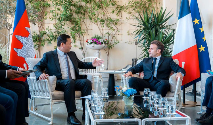 Thủ tướng Campuchia Hun Manet trong cuộc gặp Tổng thống Pháp Emmanuel Macron tại Nice. (Ảnh: Khmer Times) Thủ tướng Campuchia Hun Manet trong cuộc gặp Tổng thống Pháp Emmanuel Macron tại Nice. (Ảnh: Khmer Times)