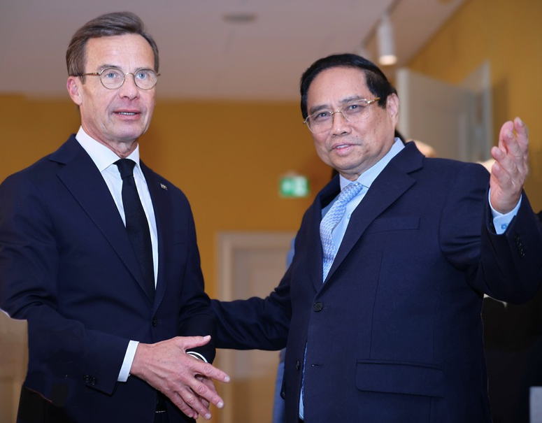 Thủ tướng Phạm Minh Chính trong cuộc gặp Thủ tướng Thuỵ Điển Ulf Kristersson ngày 13/6. Ảnh: VGP Thủ tướng Phạm Minh Chính trong cuộc gặp Thủ tướng Thuỵ Điển Ulf Kristersson ngày 13/6. Ảnh: VGP