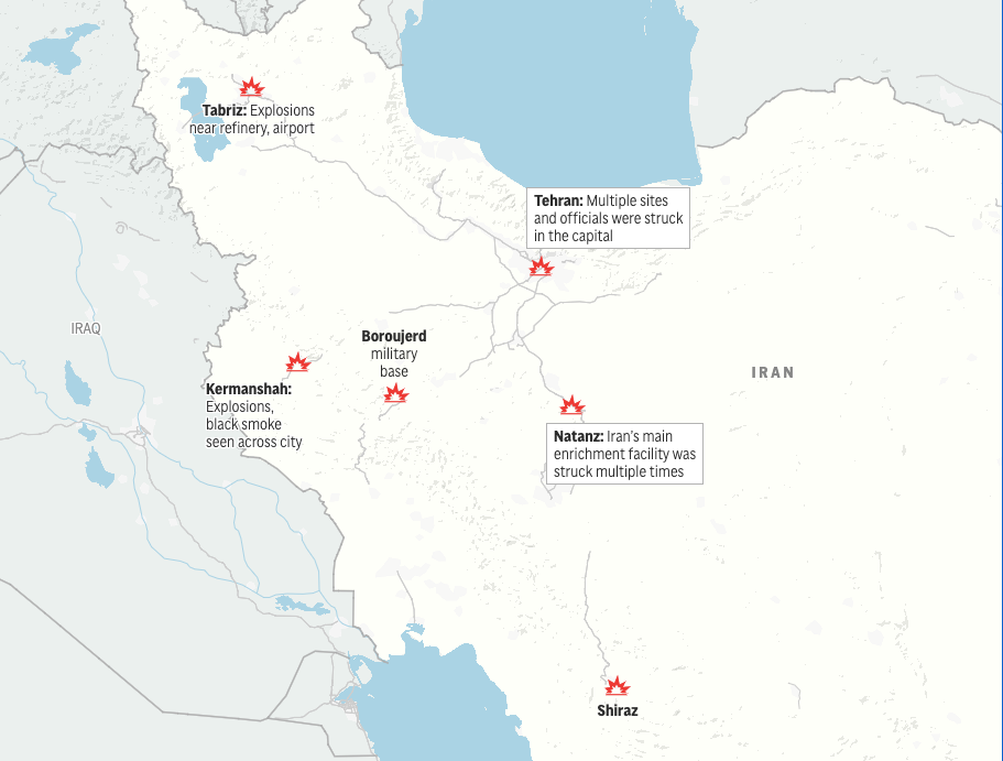 Các địa điểm của Iran bị Israel tấn công trong sáng 13/6 Các địa điểm của Iran bị Israel tấn công trong sáng 13/6