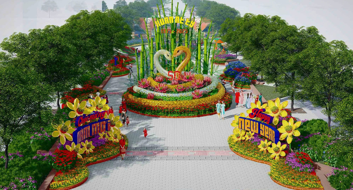 Cặp Ngân Tỵ và Kim Tỵ nơi cổng Đường hoa