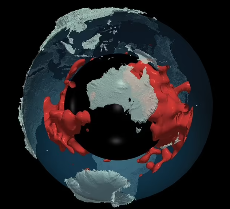 Những ngọn núi (màu đỏ) ẩn bên dưới vỏ Trái Đất. Những ngọn núi (màu đỏ) ẩn bên dưới vỏ Trái Đất.