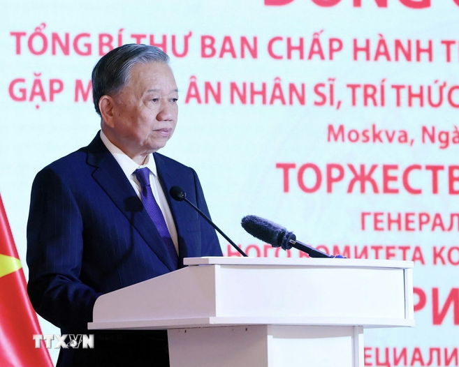 Tổng Bí thư Tô Lâm phát biểu tại buổi gặp mặt tri ân các nhân sĩ, trí thức, chuyên gia Nga từng giúp đỡ Việt Nam. Ảnh: TTXVN