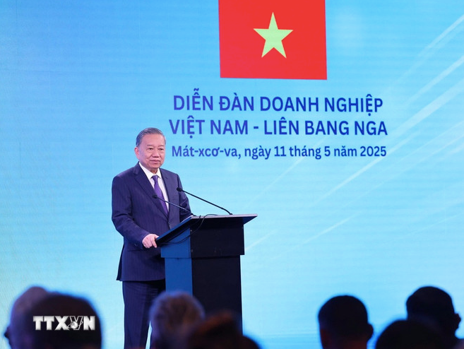 Tổng Bí thư Tô Lâm phát biểu tại Diễn đàn Doanh nghiệp Việt Nam - Liên bang Nga. Ảnh: TTXVN