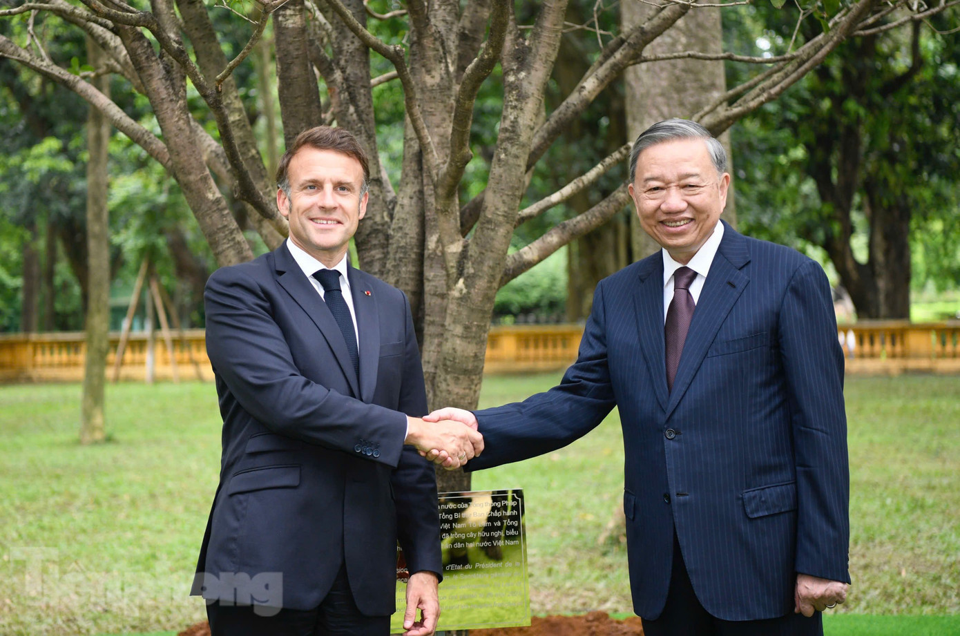 Hai nhà lãnh đạo cùng trồng cây là hoạt động mang ý nghĩa biểu tượng. Ảnh: Như Ý