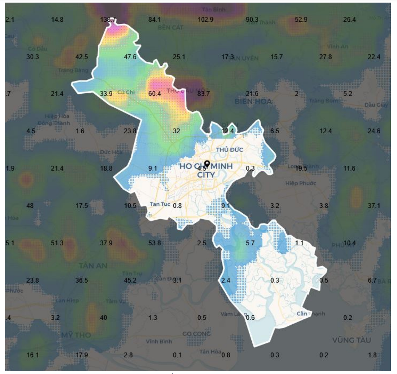 Bản đồ dự báo mưa tại TPHCM trong 24h tới. Nguồn: Đài Khí tượng Thủy văn Nam bộ và Tây Nguyên